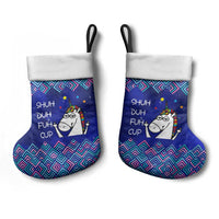 Funny Unicorn Christmas Stocking with Shuh Duh Fuh Cup Quote Blue Geometric and Cartoon - Wonder Print Shop