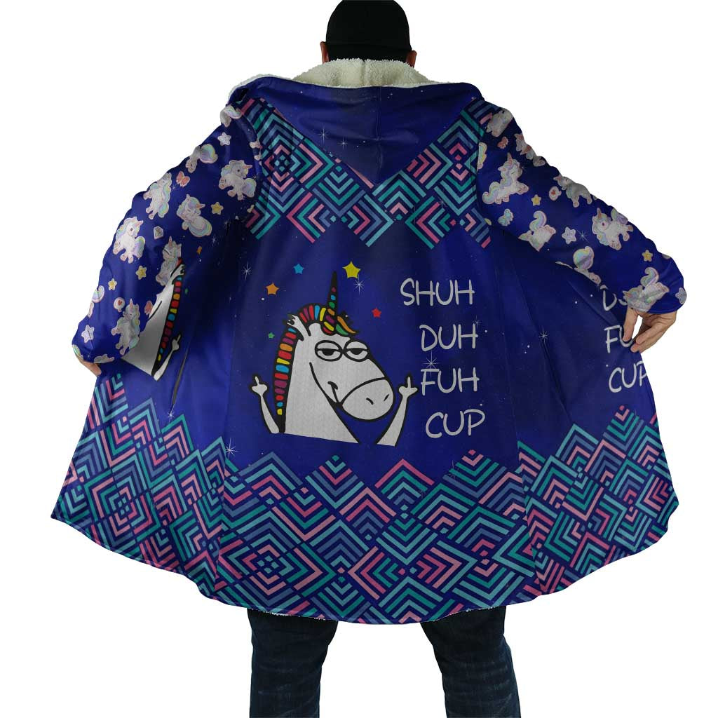 Funny Unicorn Cloak with Shuh Duh Fuh Cup Quote Blue Geometric and Cartoon - Wonder Print Shop