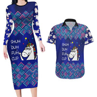 Funny Unicorn Couples Matching Long Sleeve Bodycon Dress and Hawaiian Shirt with Shuh Duh Fuh Cup Quote Blue Geometric and Cartoon - Wonder Print Shop
