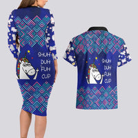 Funny Unicorn Couples Matching Long Sleeve Bodycon Dress and Hawaiian Shirt with Shuh Duh Fuh Cup Quote Blue Geometric and Cartoon - Wonder Print Shop