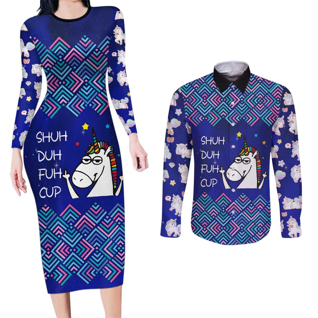Funny Unicorn Couples Matching Long Sleeve Bodycon Dress and Long Sleeve Button Shirt with Shuh Duh Fuh Cup Quote Blue Geometric and Cartoon - Wonder Print Shop