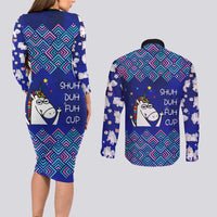 Funny Unicorn Couples Matching Long Sleeve Bodycon Dress and Long Sleeve Button Shirt with Shuh Duh Fuh Cup Quote Blue Geometric and Cartoon - Wonder Print Shop