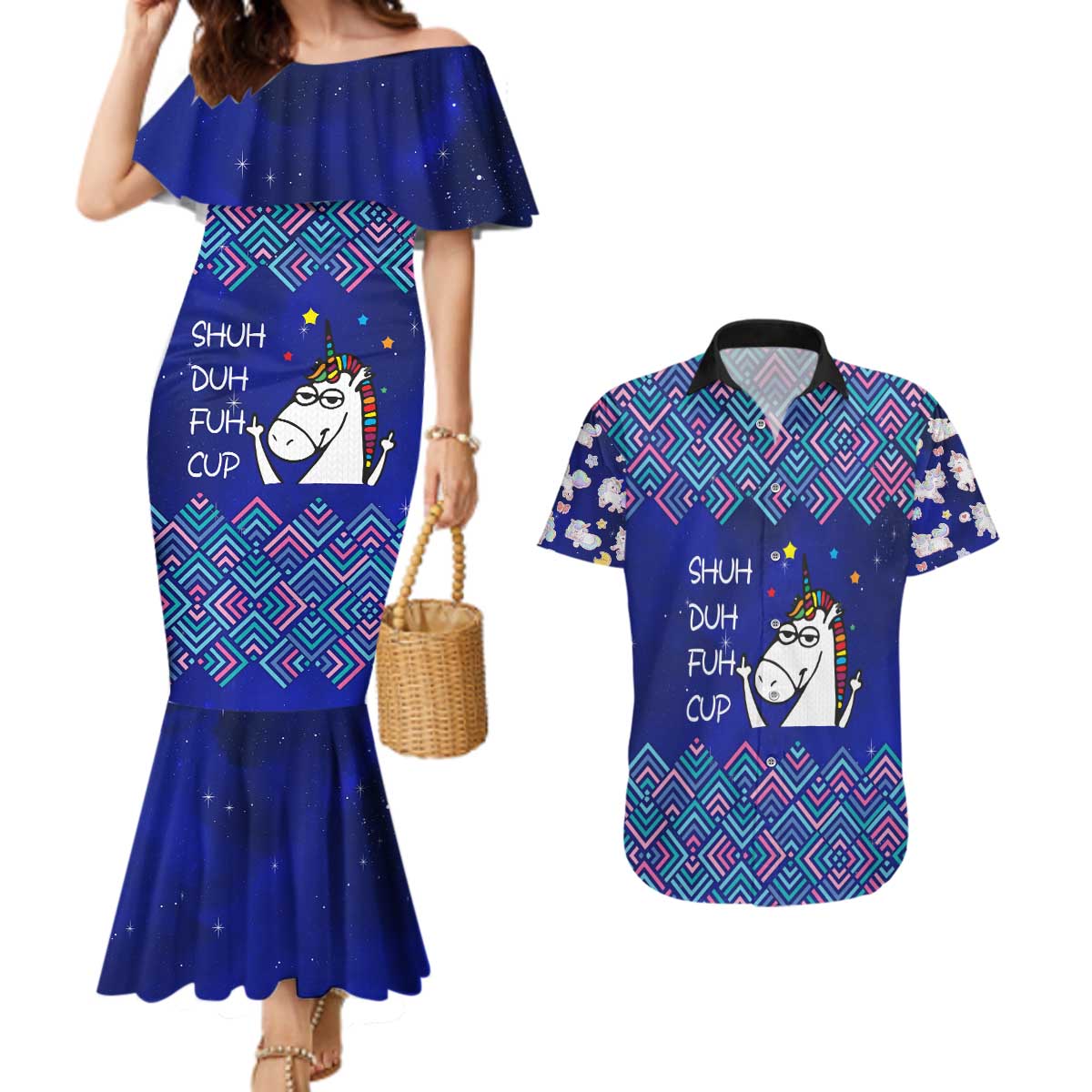 Funny Unicorn Couples Matching Mermaid Dress and Hawaiian Shirt with Shuh Duh Fuh Cup Quote Blue Geometric and Cartoon - Wonder Print Shop