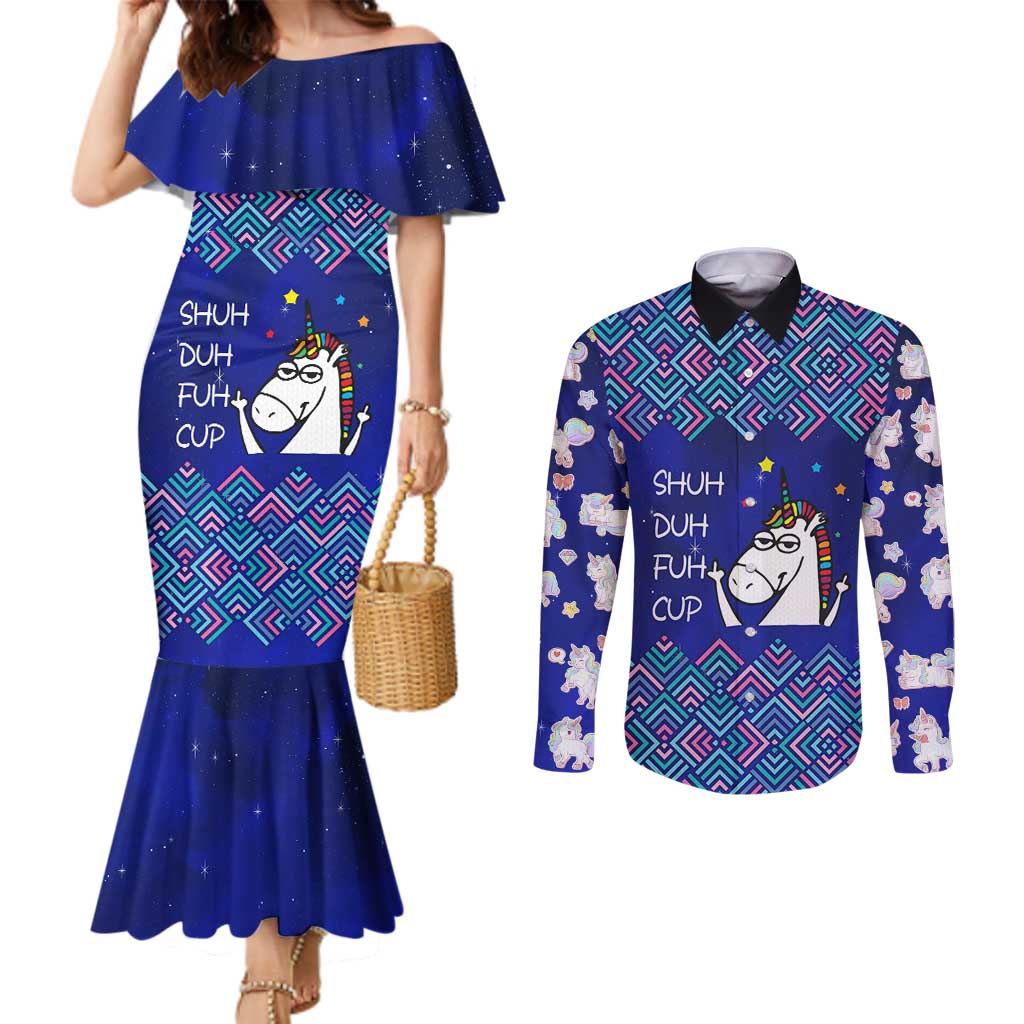 Funny Unicorn Couples Matching Mermaid Dress and Long Sleeve Button Shirt with Shuh Duh Fuh Cup Quote Blue Geometric and Cartoon - Wonder Print Shop
