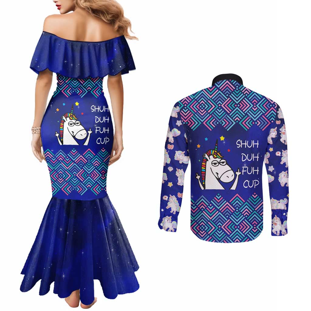 Funny Unicorn Couples Matching Mermaid Dress and Long Sleeve Button Shirt with Shuh Duh Fuh Cup Quote Blue Geometric and Cartoon - Wonder Print Shop