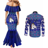 Funny Unicorn Couples Matching Mermaid Dress and Long Sleeve Button Shirt with Shuh Duh Fuh Cup Quote Blue Geometric and Cartoon - Wonder Print Shop