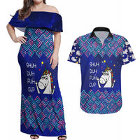 Funny Unicorn Couples Matching Off Shoulder Maxi Dress and Hawaiian Shirt with Shuh Duh Fuh Cup Quote Blue Geometric and Cartoon - Wonder Print Shop