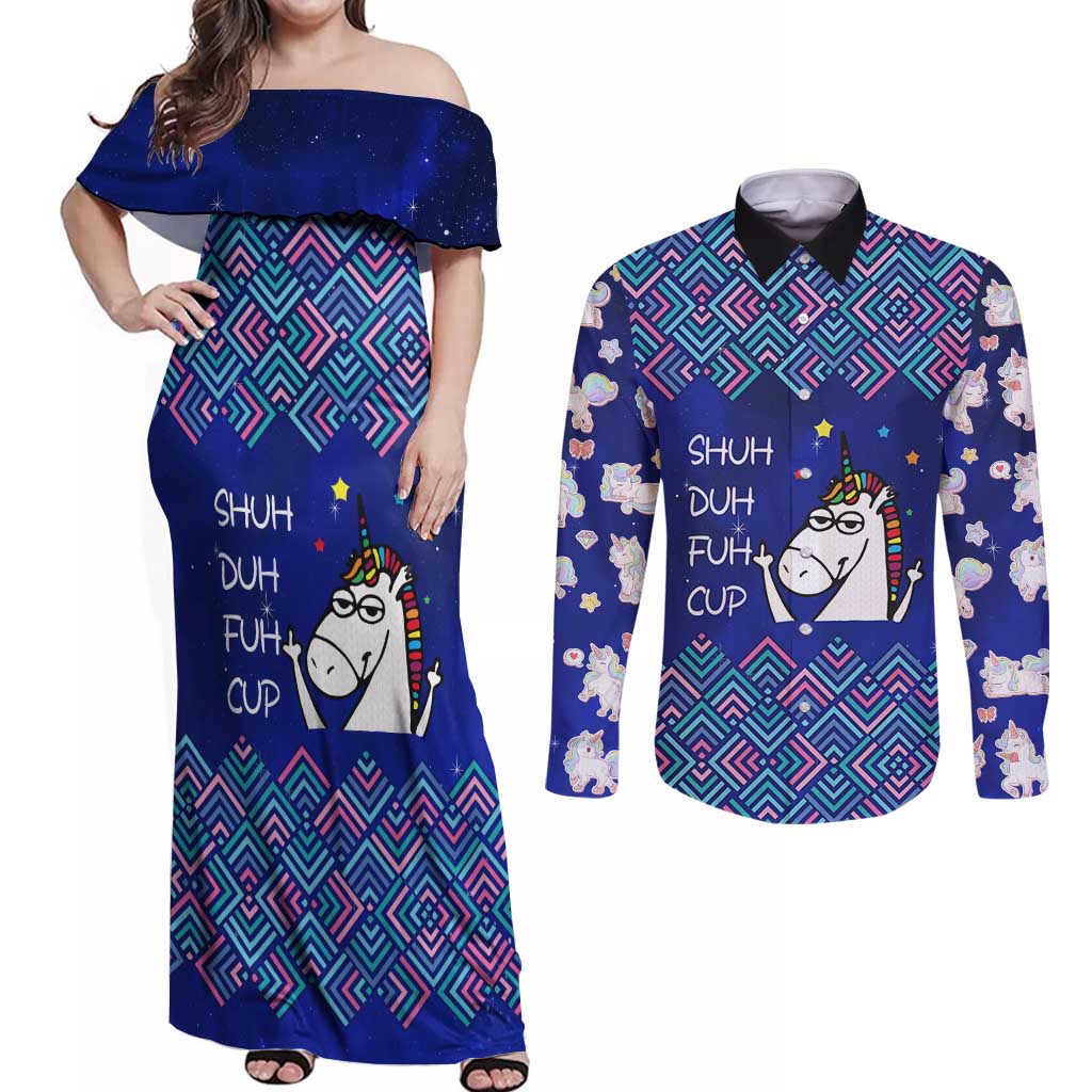 Funny Unicorn Couples Matching Off Shoulder Maxi Dress and Long Sleeve Button Shirt with Shuh Duh Fuh Cup Quote Blue Geometric and Cartoon - Wonder Print Shop