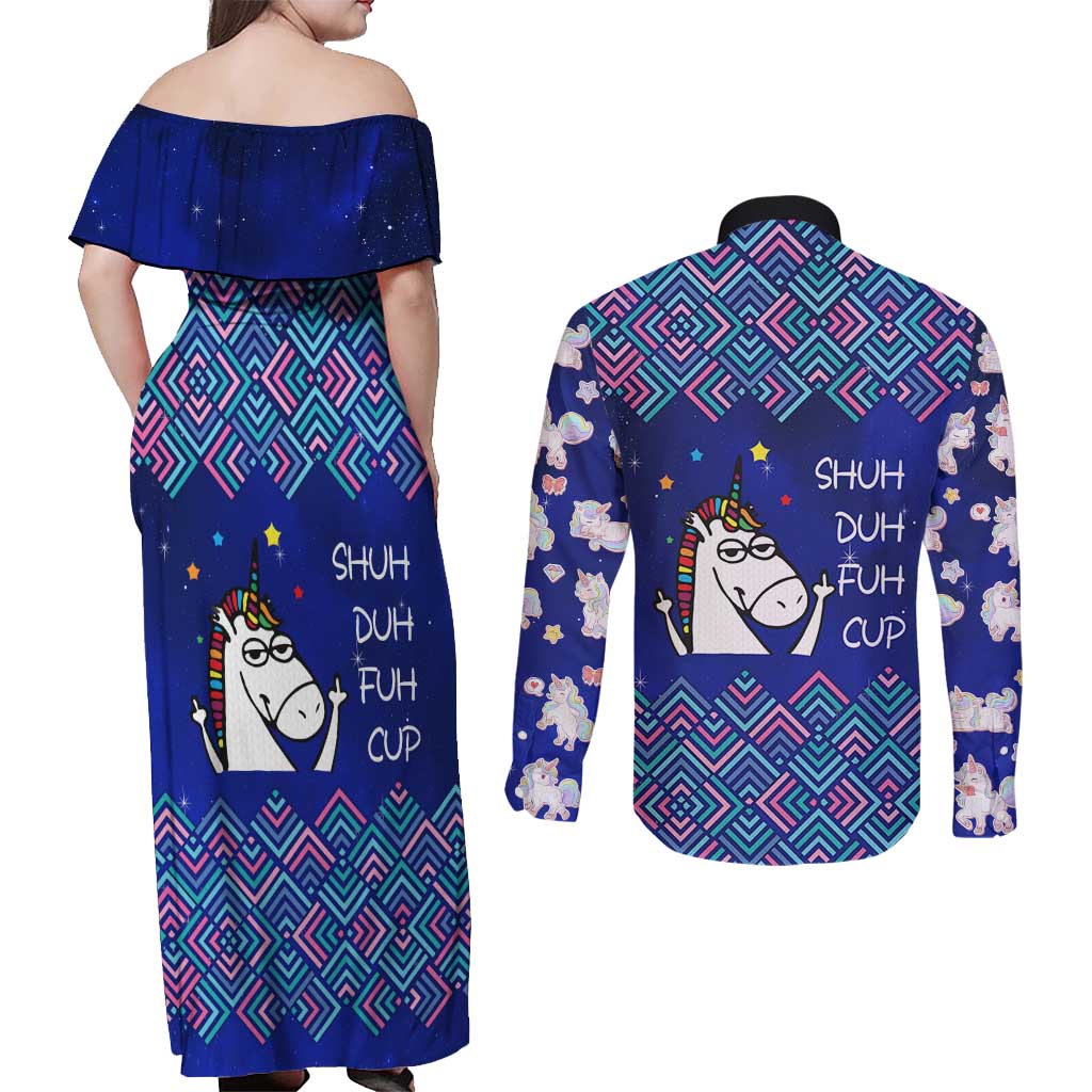 Funny Unicorn Couples Matching Off Shoulder Maxi Dress and Long Sleeve Button Shirt with Shuh Duh Fuh Cup Quote Blue Geometric and Cartoon - Wonder Print Shop