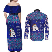 Funny Unicorn Couples Matching Off Shoulder Maxi Dress and Long Sleeve Button Shirt with Shuh Duh Fuh Cup Quote Blue Geometric and Cartoon - Wonder Print Shop