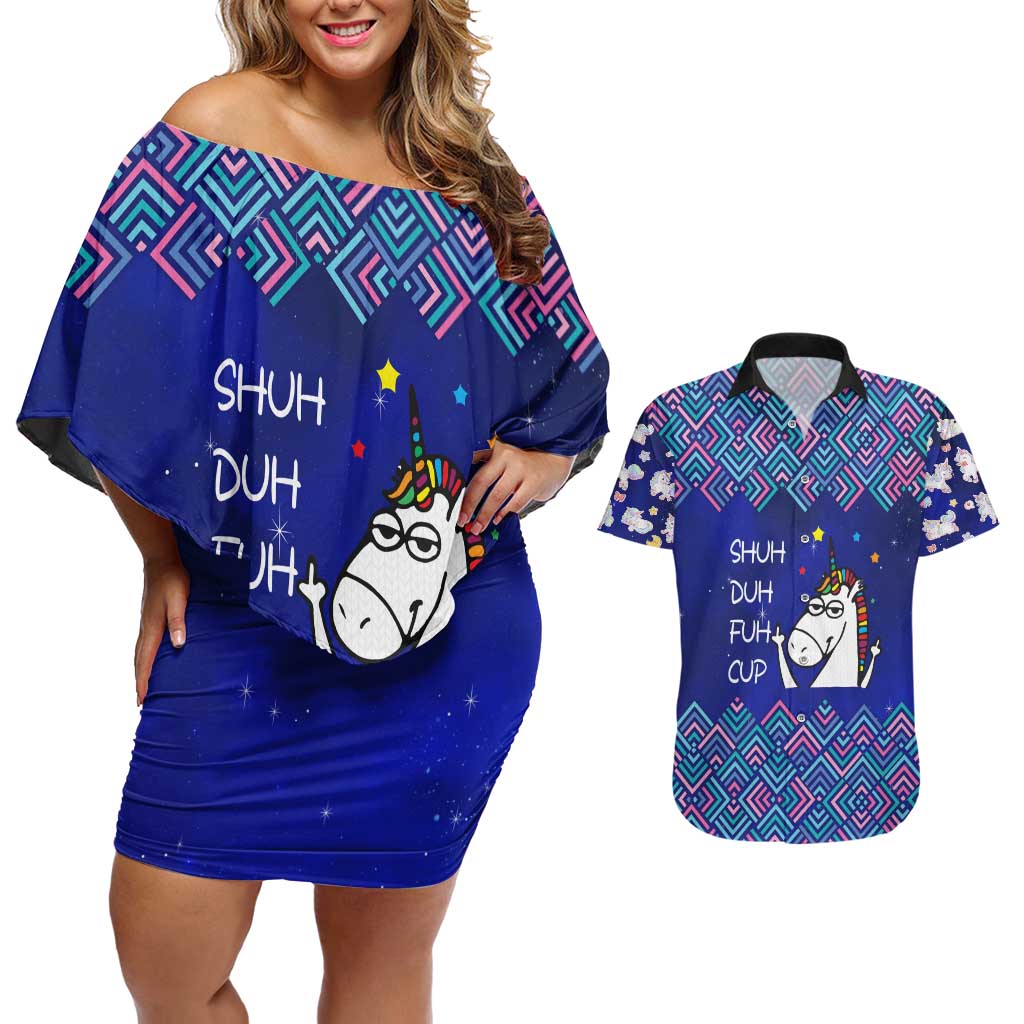 Funny Unicorn Couples Matching Off Shoulder Short Dress and Hawaiian Shirt with Shuh Duh Fuh Cup Quote Blue Geometric and Cartoon - Wonder Print Shop