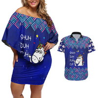 Funny Unicorn Couples Matching Off Shoulder Short Dress and Hawaiian Shirt with Shuh Duh Fuh Cup Quote Blue Geometric and Cartoon - Wonder Print Shop