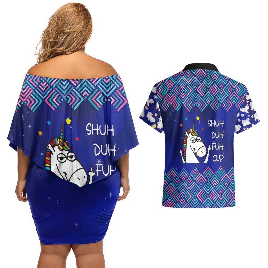 Funny Unicorn Couples Matching Off Shoulder Short Dress and Hawaiian Shirt with Shuh Duh Fuh Cup Quote Blue Geometric and Cartoon - Wonder Print Shop