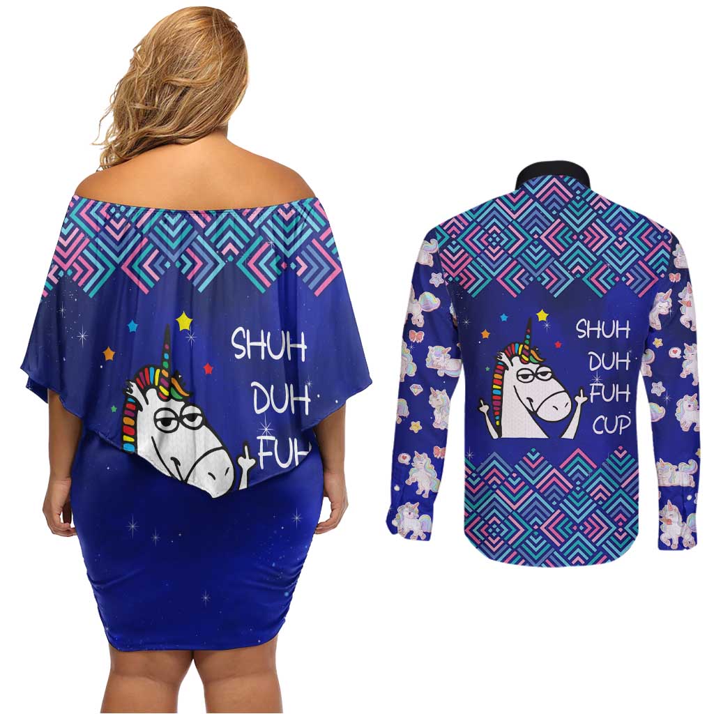 Funny Unicorn Couples Matching Off Shoulder Short Dress and Long Sleeve Button Shirt with Shuh Duh Fuh Cup Quote Blue Geometric and Cartoon - Wonder Print Shop