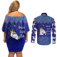 Funny Unicorn Couples Matching Off Shoulder Short Dress and Long Sleeve Button Shirt with Shuh Duh Fuh Cup Quote Blue Geometric and Cartoon - Wonder Print Shop