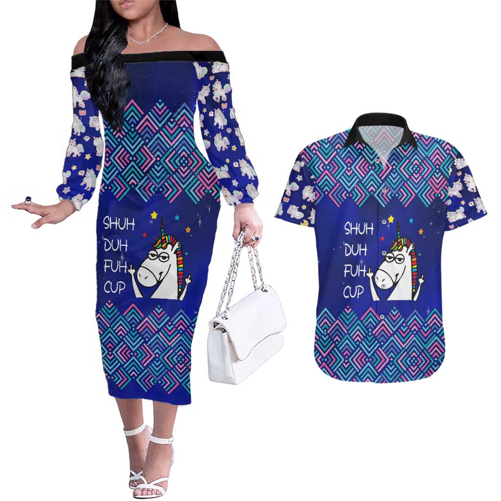 Funny Unicorn Couples Matching Off The Shoulder Long Sleeve Dress and Hawaiian Shirt with Shuh Duh Fuh Cup Quote Blue Geometric and Cartoon - Wonder Print Shop