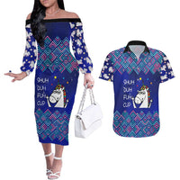 Funny Unicorn Couples Matching Off The Shoulder Long Sleeve Dress and Hawaiian Shirt with Shuh Duh Fuh Cup Quote Blue Geometric and Cartoon - Wonder Print Shop