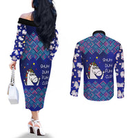 Funny Unicorn Couples Matching Off The Shoulder Long Sleeve Dress and Long Sleeve Button Shirt with Shuh Duh Fuh Cup Quote Blue Geometric and Cartoon - Wonder Print Shop