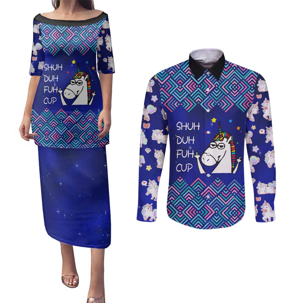 Funny Unicorn Couples Matching Puletasi and Long Sleeve Button Shirt with Shuh Duh Fuh Cup Quote Blue Geometric and Cartoon - Wonder Print Shop