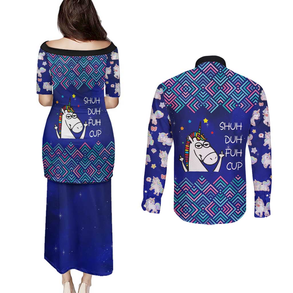 Funny Unicorn Couples Matching Puletasi and Long Sleeve Button Shirt with Shuh Duh Fuh Cup Quote Blue Geometric and Cartoon - Wonder Print Shop