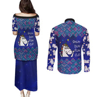 Funny Unicorn Couples Matching Puletasi and Long Sleeve Button Shirt with Shuh Duh Fuh Cup Quote Blue Geometric and Cartoon - Wonder Print Shop