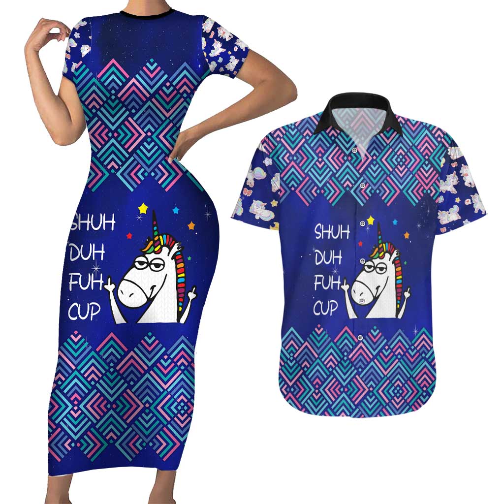 Funny Unicorn Couples Matching Short Sleeve Bodycon Dress and Hawaiian Shirt with Shuh Duh Fuh Cup Quote Blue Geometric and Cartoon - Wonder Print Shop