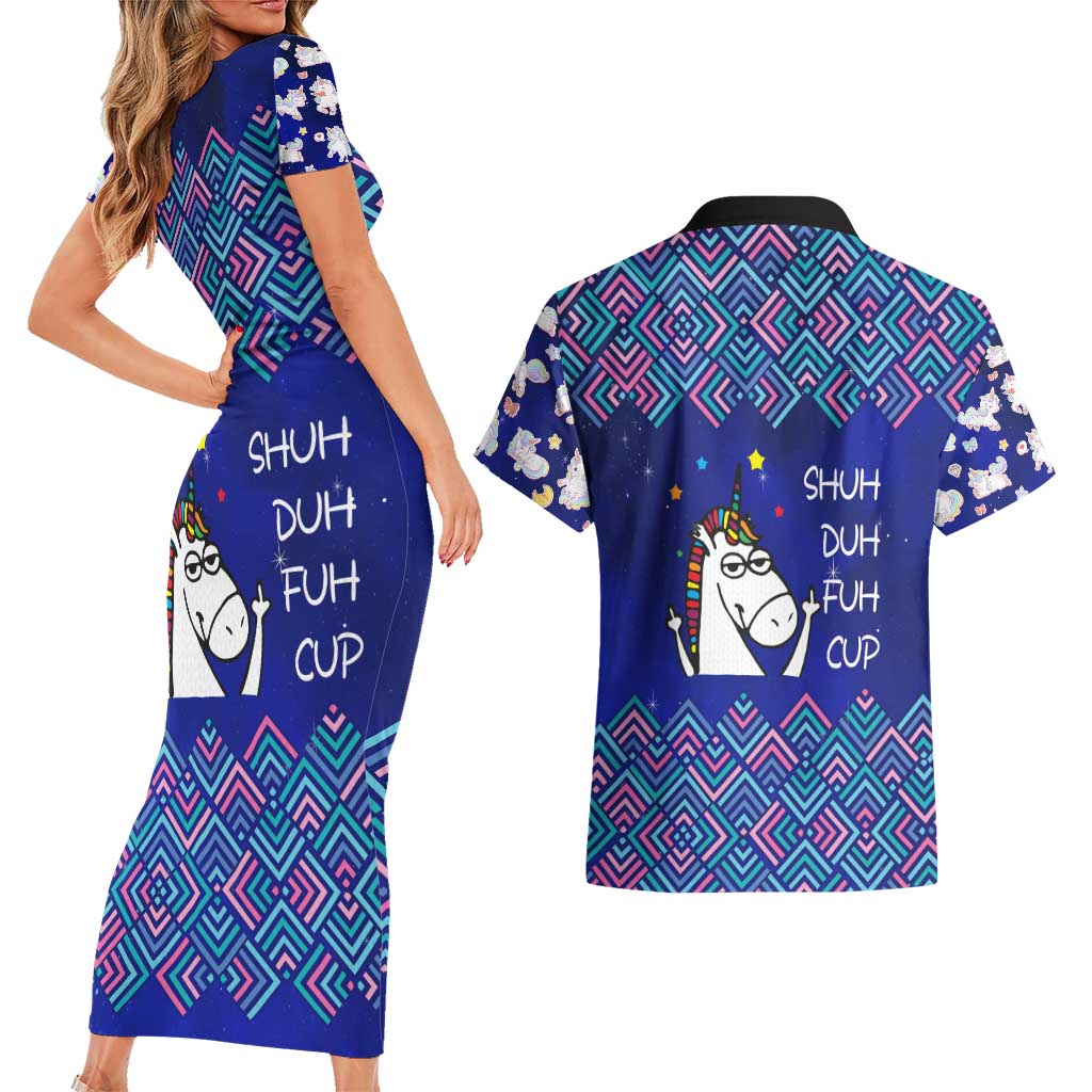 Funny Unicorn Couples Matching Short Sleeve Bodycon Dress and Hawaiian Shirt with Shuh Duh Fuh Cup Quote Blue Geometric and Cartoon - Wonder Print Shop