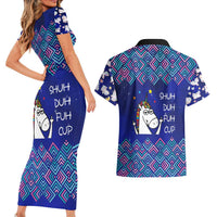 Funny Unicorn Couples Matching Short Sleeve Bodycon Dress and Hawaiian Shirt with Shuh Duh Fuh Cup Quote Blue Geometric and Cartoon - Wonder Print Shop