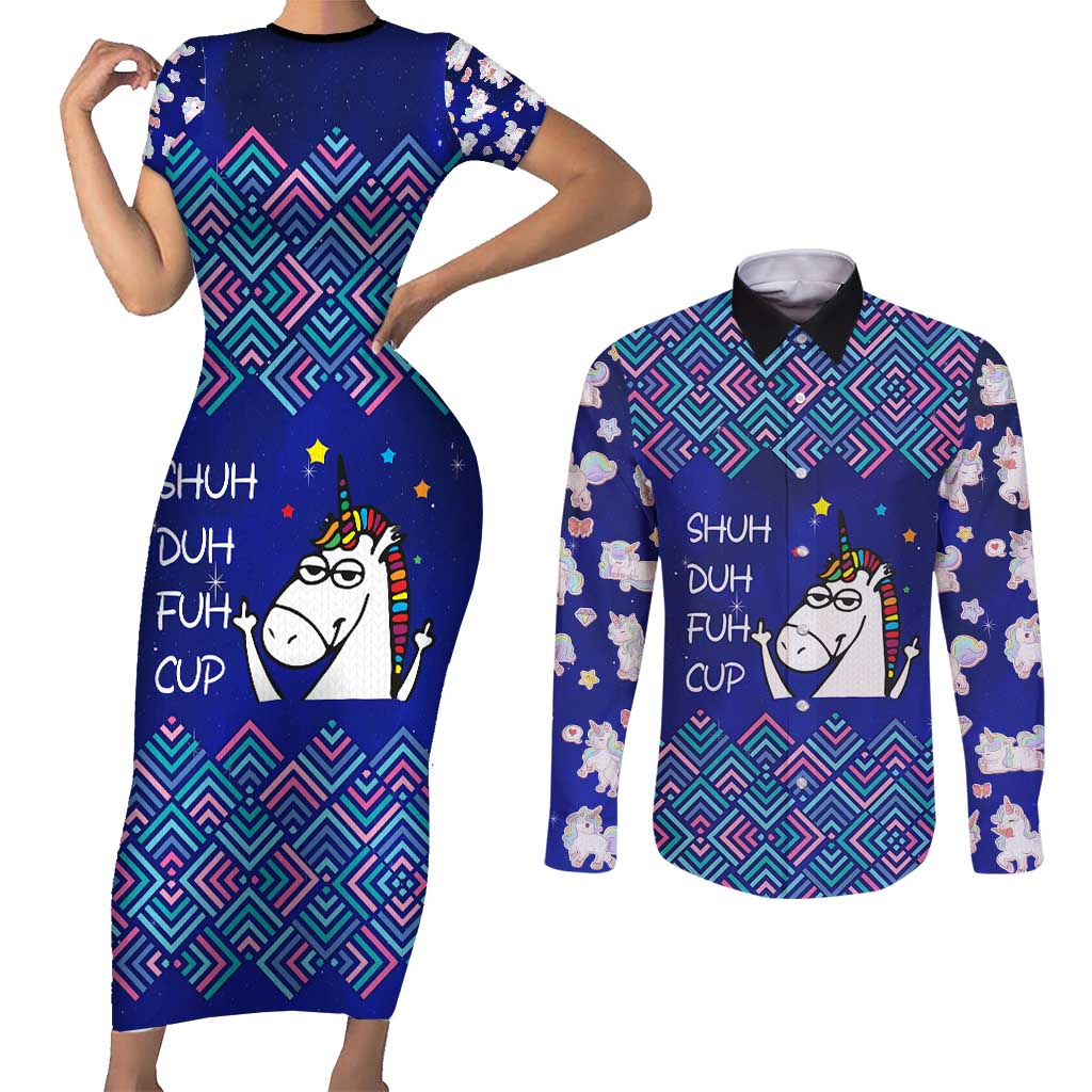 Funny Unicorn Couples Matching Short Sleeve Bodycon Dress and Long Sleeve Button Shirt with Shuh Duh Fuh Cup Quote Blue Geometric and Cartoon - Wonder Print Shop