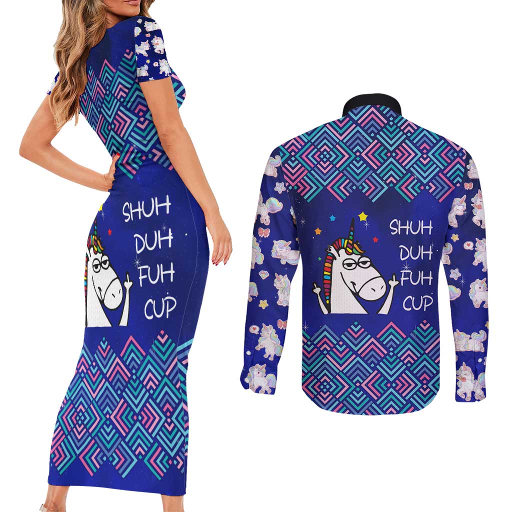 Funny Unicorn Couples Matching Short Sleeve Bodycon Dress and Long Sleeve Button Shirt with Shuh Duh Fuh Cup Quote Blue Geometric and Cartoon - Wonder Print Shop