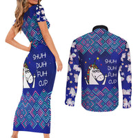 Funny Unicorn Couples Matching Short Sleeve Bodycon Dress and Long Sleeve Button Shirt with Shuh Duh Fuh Cup Quote Blue Geometric and Cartoon - Wonder Print Shop