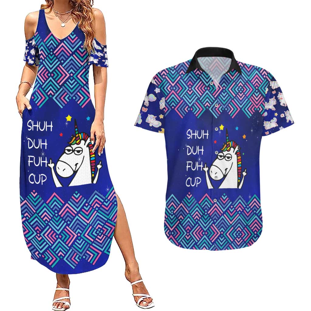 Funny Unicorn Couples Matching Summer Maxi Dress and Hawaiian Shirt with Shuh Duh Fuh Cup Quote Blue Geometric and Cartoon - Wonder Print Shop