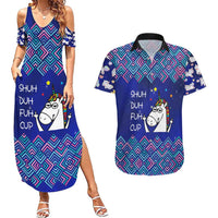 Funny Unicorn Couples Matching Summer Maxi Dress and Hawaiian Shirt with Shuh Duh Fuh Cup Quote Blue Geometric and Cartoon - Wonder Print Shop