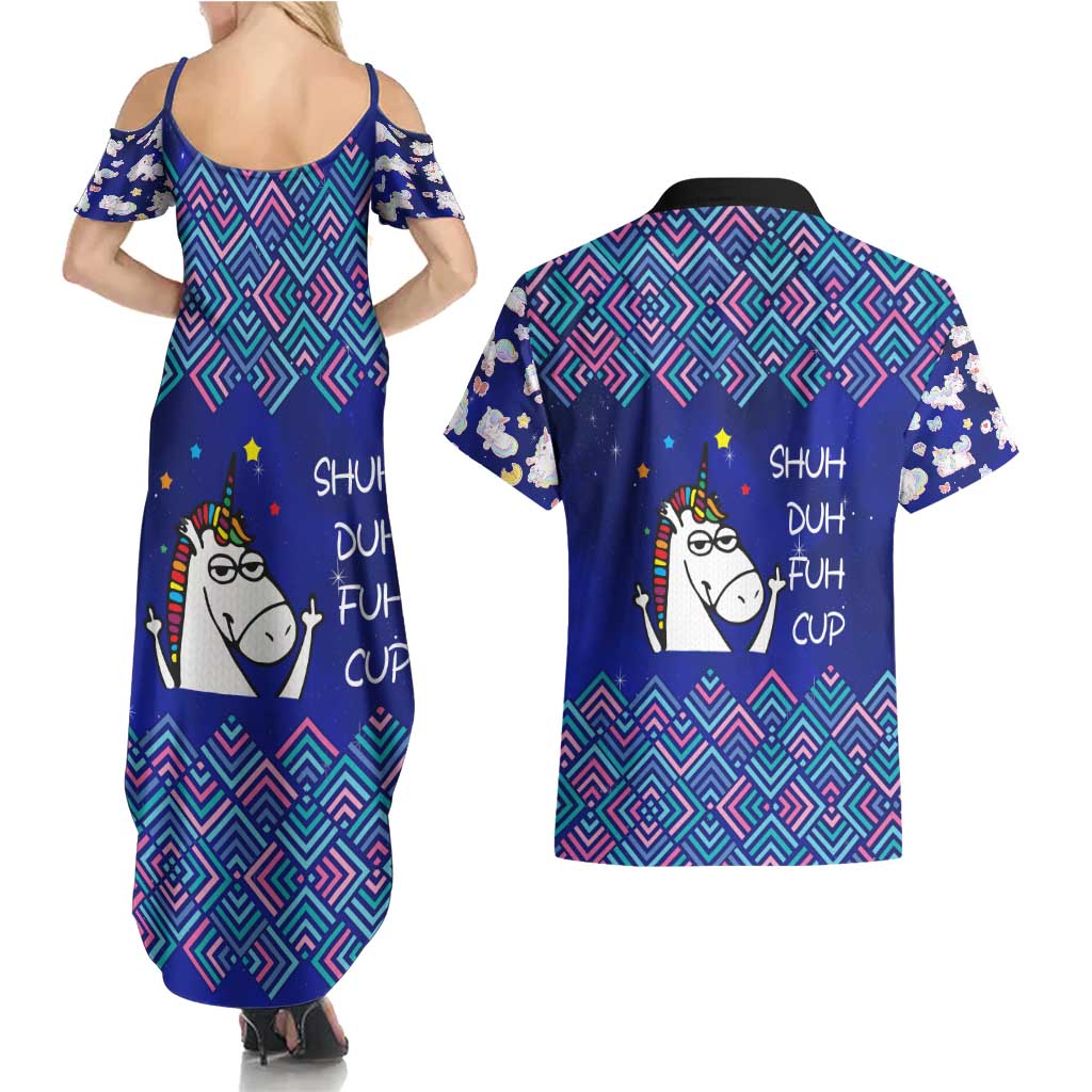 Funny Unicorn Couples Matching Summer Maxi Dress and Hawaiian Shirt with Shuh Duh Fuh Cup Quote Blue Geometric and Cartoon - Wonder Print Shop