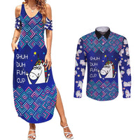 Funny Unicorn Couples Matching Summer Maxi Dress and Long Sleeve Button Shirt with Shuh Duh Fuh Cup Quote Blue Geometric and Cartoon - Wonder Print Shop