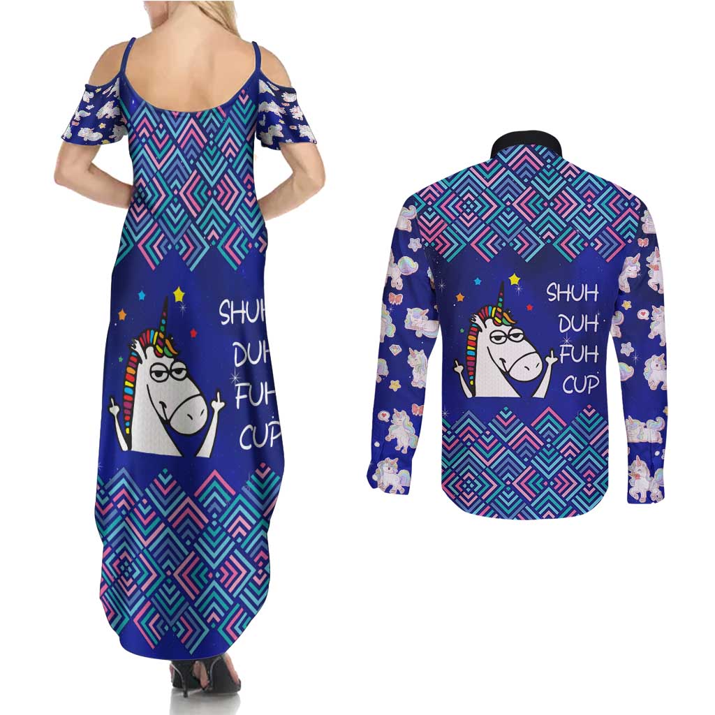Funny Unicorn Couples Matching Summer Maxi Dress and Long Sleeve Button Shirt with Shuh Duh Fuh Cup Quote Blue Geometric and Cartoon - Wonder Print Shop