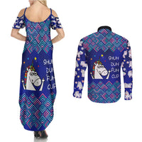 Funny Unicorn Couples Matching Summer Maxi Dress and Long Sleeve Button Shirt with Shuh Duh Fuh Cup Quote Blue Geometric and Cartoon - Wonder Print Shop