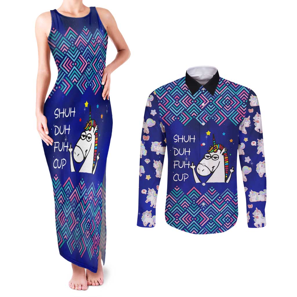 Funny Unicorn Couples Matching Tank Maxi Dress and Long Sleeve Button Shirt with Shuh Duh Fuh Cup Quote Blue Geometric and Cartoon - Wonder Print Shop