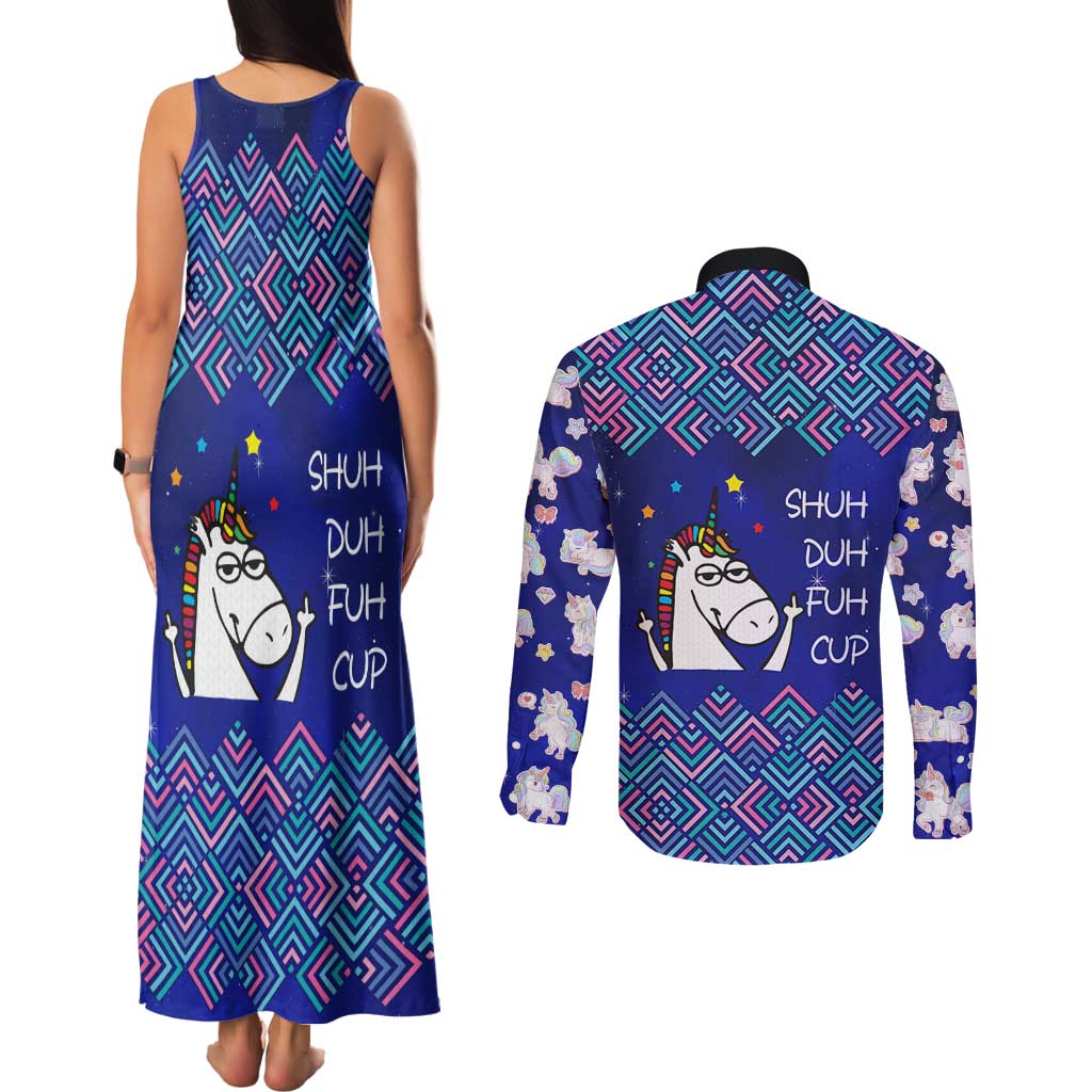 Funny Unicorn Couples Matching Tank Maxi Dress and Long Sleeve Button Shirt with Shuh Duh Fuh Cup Quote Blue Geometric and Cartoon - Wonder Print Shop