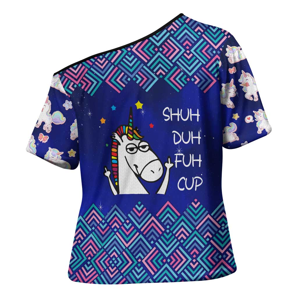 Funny Unicorn Cross Shoulder Shirt with Shuh Duh Fuh Cup Quote Blue Geometric and Cartoon - Wonder Print Shop