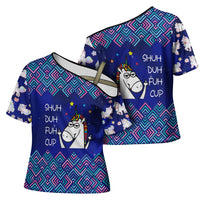 Funny Unicorn Cross Shoulder Shirt with Shuh Duh Fuh Cup Quote Blue Geometric and Cartoon - Wonder Print Shop