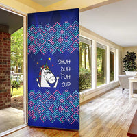 Funny Unicorn Door Cover with Shuh Duh Fuh Cup Quote Blue Geometric and Cartoon - Wonder Print Shop