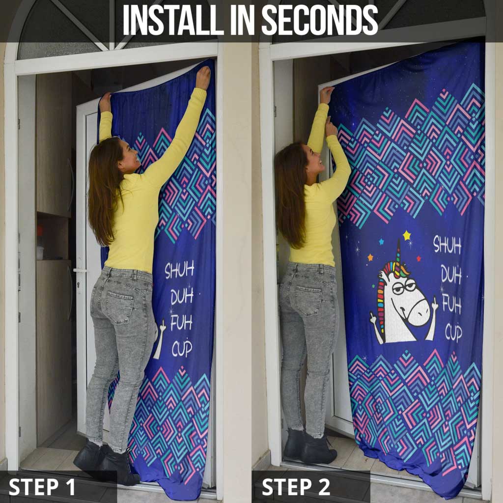 Funny Unicorn Door Cover with Shuh Duh Fuh Cup Quote Blue Geometric and Cartoon - Wonder Print Shop