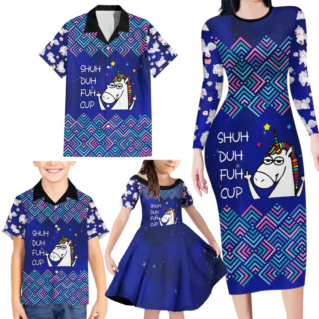 Funny Unicorn Family Matching Long Sleeve Bodycon Dress and Hawaiian Shirt with Shuh Duh Fuh Cup Quote Blue Geometric and Cartoon - Wonder Print Shop