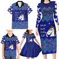 Funny Unicorn Family Matching Long Sleeve Bodycon Dress and Hawaiian Shirt with Shuh Duh Fuh Cup Quote Blue Geometric and Cartoon - Wonder Print Shop