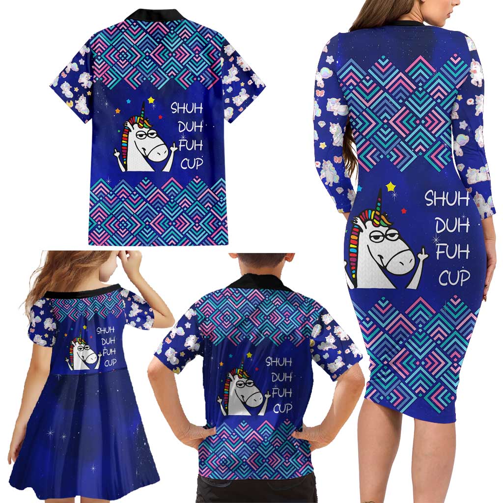Funny Unicorn Family Matching Long Sleeve Bodycon Dress and Hawaiian Shirt with Shuh Duh Fuh Cup Quote Blue Geometric and Cartoon - Wonder Print Shop