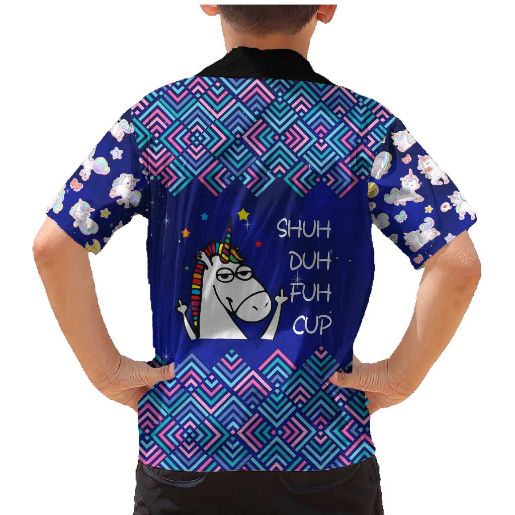 Funny Unicorn Family Matching Mermaid Dress and Hawaiian Shirt with Shuh Duh Fuh Cup Quote Blue Geometric and Cartoon - Wonder Print Shop