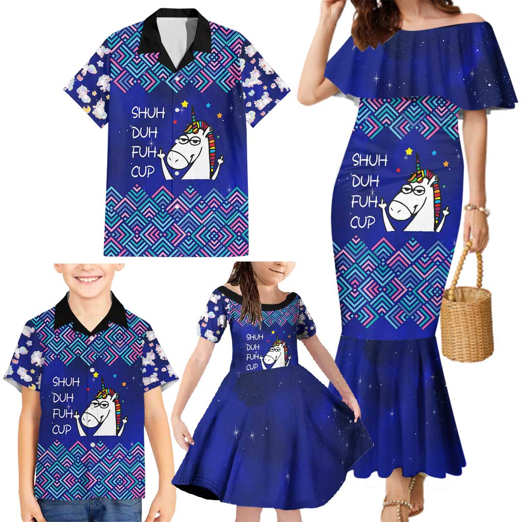 Funny Unicorn Family Matching Mermaid Dress and Hawaiian Shirt with Shuh Duh Fuh Cup Quote Blue Geometric and Cartoon - Wonder Print Shop