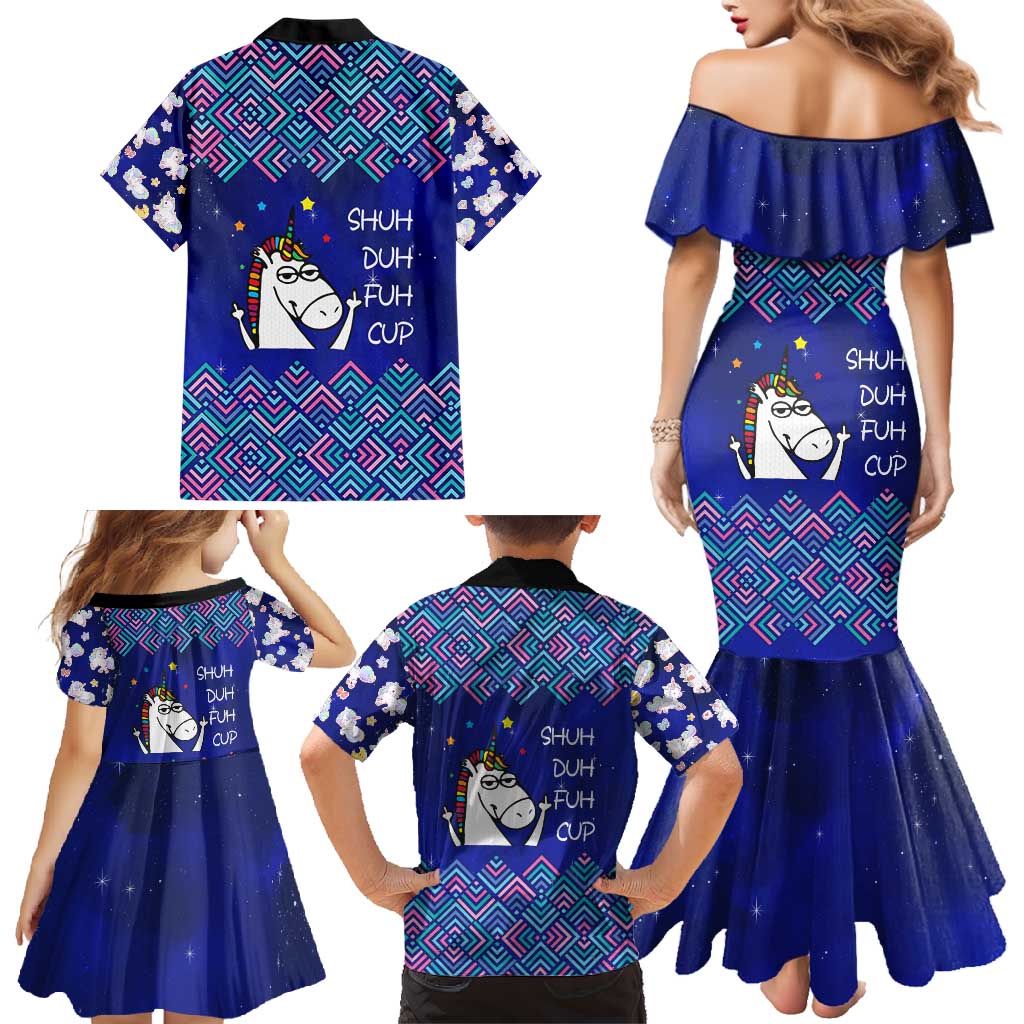 Funny Unicorn Family Matching Mermaid Dress and Hawaiian Shirt with Shuh Duh Fuh Cup Quote Blue Geometric and Cartoon - Wonder Print Shop