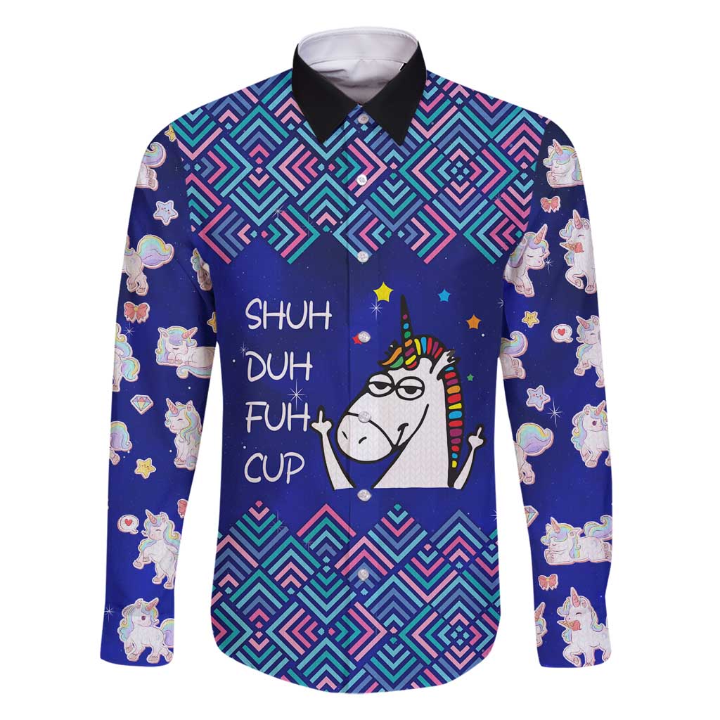 Funny Unicorn Family Matching Mermaid Dress and Hawaiian Shirt with Shuh Duh Fuh Cup Quote Blue Geometric and Cartoon - Wonder Print Shop